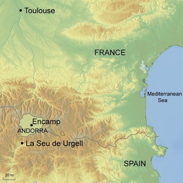 Ramble Worldwide map graphic showing Andorra and surrounding countries for walking holiday Hiking In Andorra