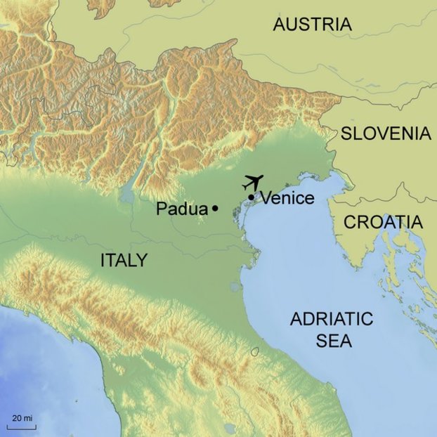 Map graphic of Ramble Worldwide walking holiday Venice Unmasked depicting surrounding area of Italy