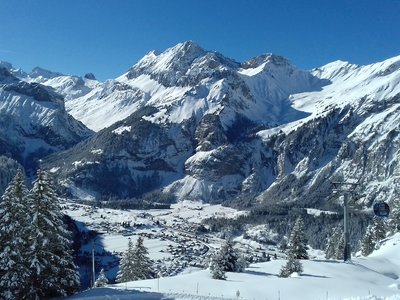 Kandersteg village in far distance seen from Oeschinen gondola viewpoint, Switzerland