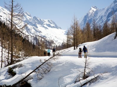 Ramble Worldwide group walking along snowy path in Lonza River Valley, Switzerland