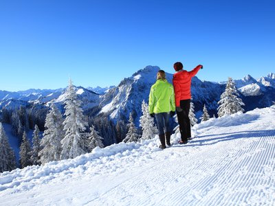 Man pointing into mountainous winter landscape with woman stood next to him standing on snow slope, Germany