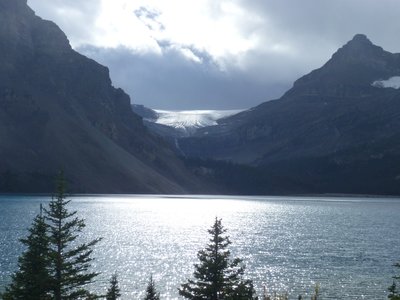 Bow glacier and bow lake reflecting sunshine, Banff National Park, Alberta, Canada