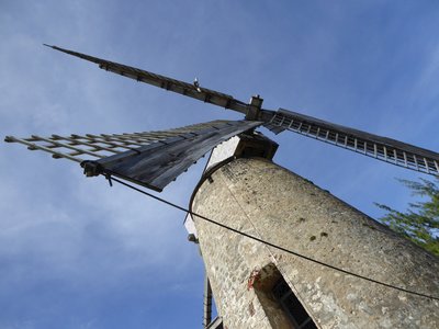 Upwards angle view of Morgan Lewis Windmill with blue sky in background, St. Andrew, Barbados