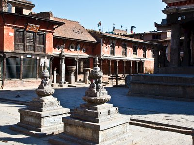 Bhaktapur durbar square intricately carved stone structures positioned in the foreground, Nepal