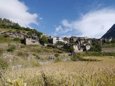 Rural houses on hillside in Upper Pisang Valley, Annapurna region, Nepal