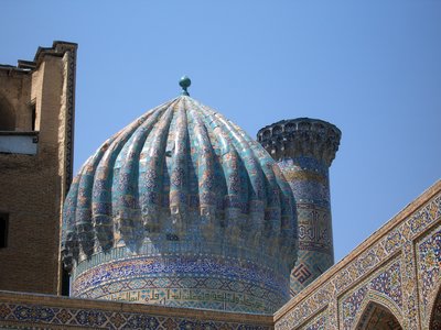 Closeup of roof of Amir Temur Mausoleum Gur-i Amir Сomplex, Samarkand, Uzbekistan 