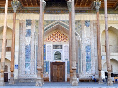 Bolo Hauz Mosque entrance with pillars, Bukhara, Uzbekistan