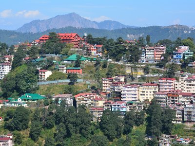 Houses built into mountainside, Shimla, Northern India