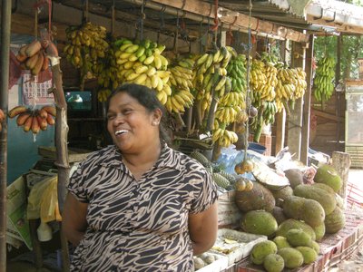 Happy Sri Lankan woman selling fruit near Kandy, Sri Lanka, Asia