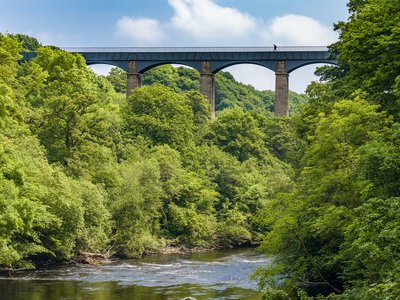 Distant view of person walking over bridge on Offa's Dyke path with tall green trees growing by river