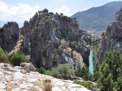 High view of mountain ridge and canyon with turquoise water flowing through between Değirmenözü and Çaltepe on St Paul Trail in Turkey 