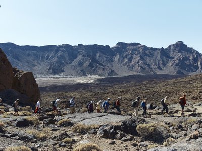 Distant side view of long line of walking group traversing dirt pathway from left to right with mountains in background on sunny day, Tenerife, Spain