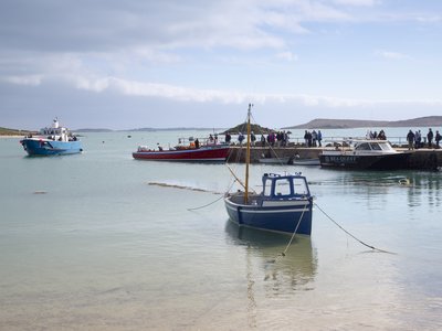 Boats in Tresco at dock, Isles of Scilly, England