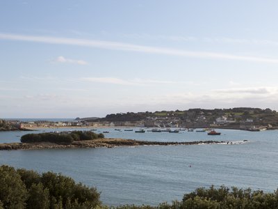 Distant view of Hugh Town, St Mary's, Isles of Scilly, England