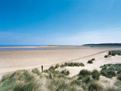 Holkham beach on sunny day with clear blue sky, Wells-next-the-Sea, Norfolk