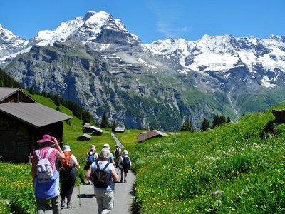 Walking group following pathway, Blumental above Mürren, Switzerland