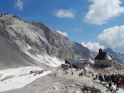 Crowd of people atop Zugspitze mountain, Wettersteingebirge range, Bavaria, Germany, Europe