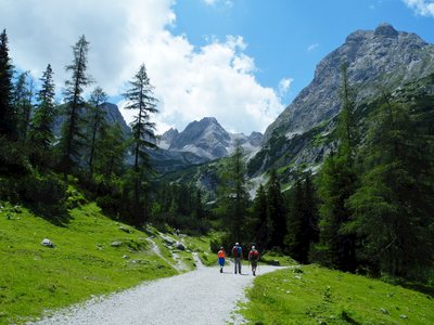 Three hikers moving down broad mountain path, Austria