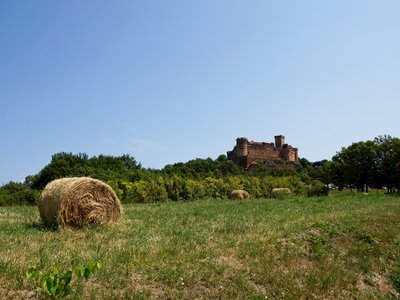 Hay bale on field with Chateau de Castelnau-Bretenoux Castle in distance and clear blue sky on sunny day, Prudhomat, France