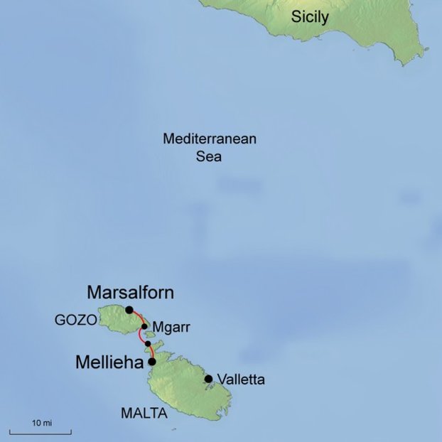 Ramble Worldwide map graphic of Malta and surrounding area for walking holiday Malta & Gozo