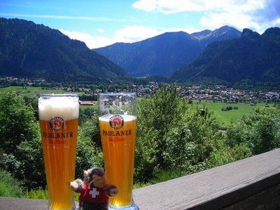 German beers placed on wooden post overlooking Bavarian landscape, Bavaria, Germany
