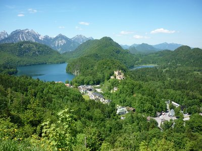 River views with Neuschwanstein Castle in distance, Bavaria, Germany