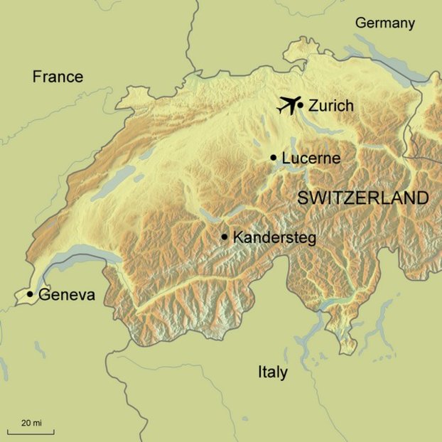 Ramble Worldwide walking holiday Winter Walks in Kandersteg map graphic of Switzerland and surrounding area