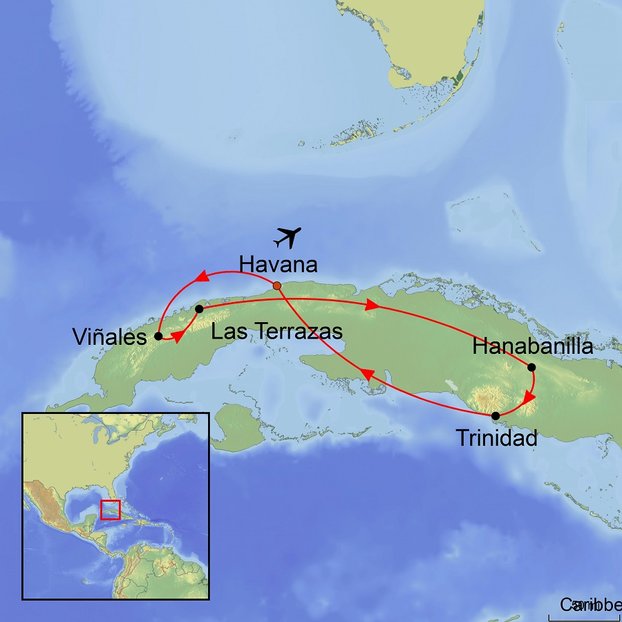 Map graphic showing surrounding areas of Cuba including Trinidad and Havana for Ramble Worldwide walking holiday Cuba with the locals