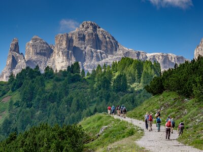 Ramble Worldwide walking group on path towards mountains, Dolomites, Italy