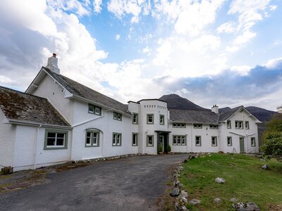 Front side of Ramblers Walking Holidays white country house, Hassness Country House, Lake District