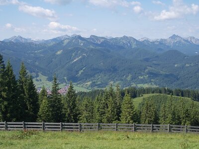 Bavarian beer garden view of mountains, Bavaria, Germany