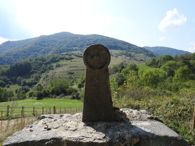Memorial stone below Château de Montségur, Ariège, Occitanie, southwestern France