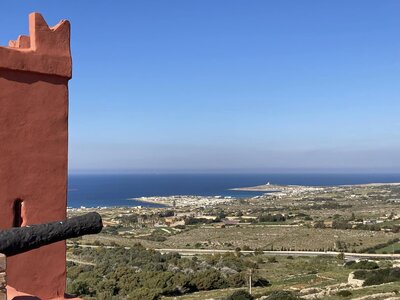 View of distant town and Mediterranean Sea from The Red Tower, Malta