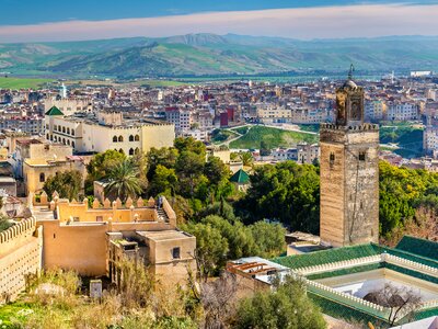 Cityscape of Fes with Mosque at Bab Guissa Gate in foreground, Morocco, Africa