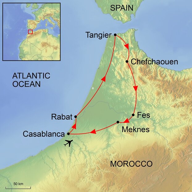 Graphic of map of Northern Morocco and surrounding area for Ramble Worldwide walking holiday tour