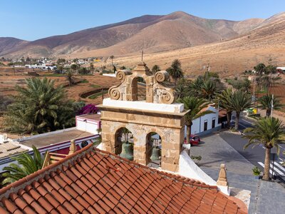 Aerial view of the Church of Our Lady of the Rock (Nuestra Señora de la Peña) in Vega de Rio Palmas, a small village in the mountains of Betancuria in the centre of Fuerteventura, Canary Islands, Spain