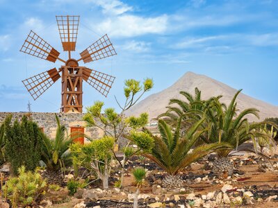 Windmill near Tindaya City on the island of Fuerteventura in the Canary Islands, Spain, Europe