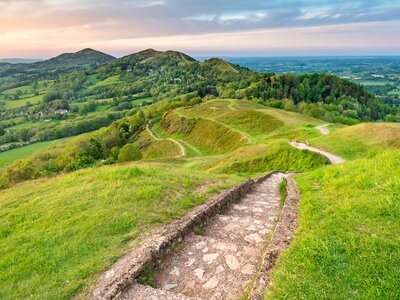 Stone steps and winding pathways running across Malvern Hills, Worcestershire, England