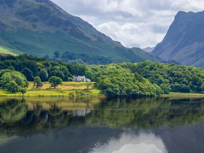 Crummock Water and the view to Honister Pass at the head of Buttermere Valley in the English Lake District