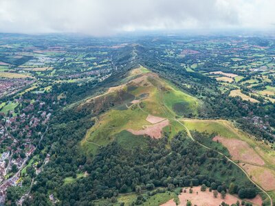 Aerial view of the Malvern Hills and town centre of Great Malvern, England, United Kingdom