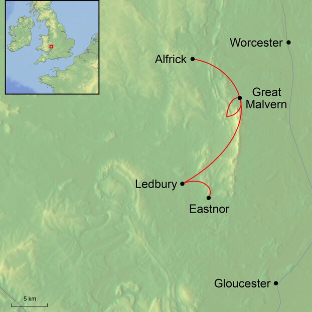 Ramble Worldwide map graphic of Malvern Hills area