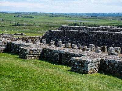 Ruins of Housesteads Roman Fort along the route of Hadrian's Wall, Northumberland countryside, UK