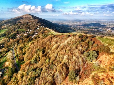 Aerial drone shot of Malvern hills, Worcestershire, United Kingdom