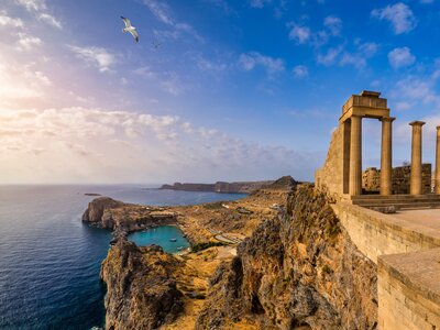 Coastal view of Ruins of Acropolis of Lindos, Rhodes, Dodecanese Islands, Greek Islands, Greece