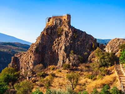 Lanjaron Castle or Castillo de los Moros, Lanjaron town, Alpujarras area, province of Granada, Andalusia, Spain