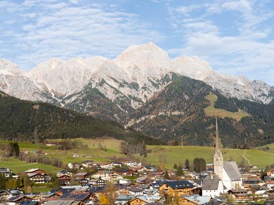 Maria Alm village below mountains in Autumn near Zell am See in Austrian Alps