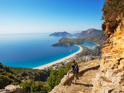 Man admiring coastal landscape on Lycian way, Turkey