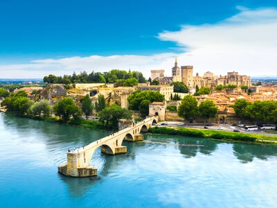 Aerial view of Saint Benezet bridge in Avignon during summer, France