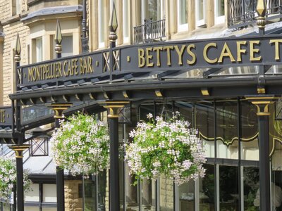 Bettys cafe tea room harrogate outdoor entrance signage, Yorkshire