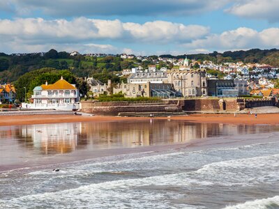 Overlooking Paignton Beach from pier, Devon, England, UK